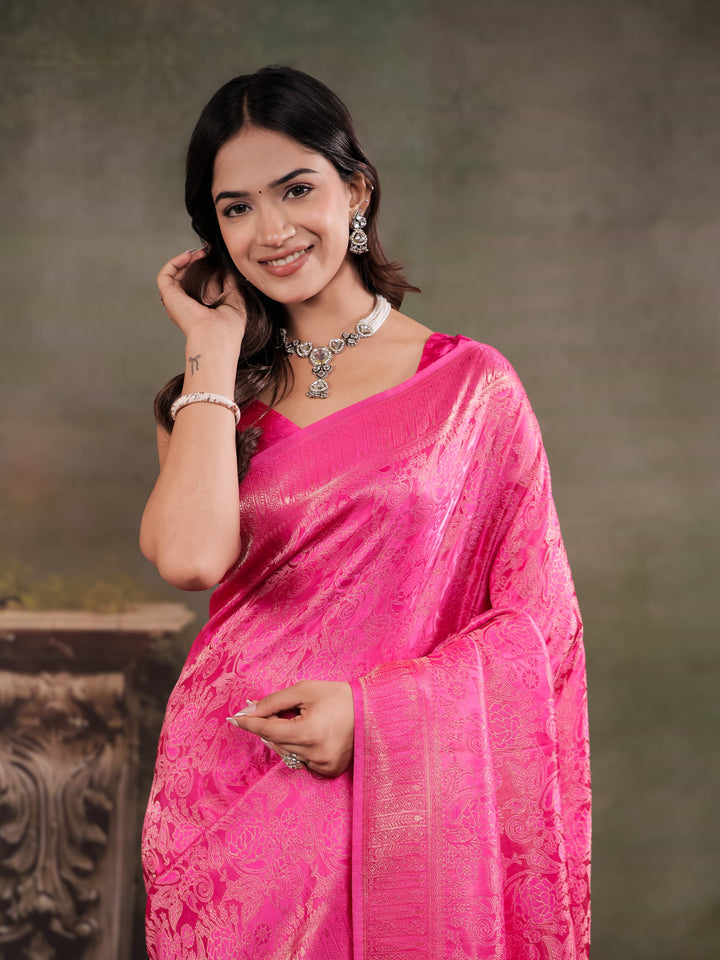 Hot Pink Satin Silk Saree with All-Over Floral Jacquard Weaving, Rich Zari Border, Grand Designer Pallu & Tassel Edges