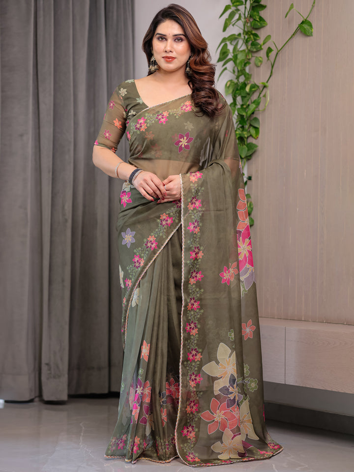 Olive Green Floral Printed Organza Saree with Multicolour Flower Motifs & Lace Border | Designer Lightweight Organza Saree with Attached Blouse Piece | Elegant Festive & Party Wear Saree
