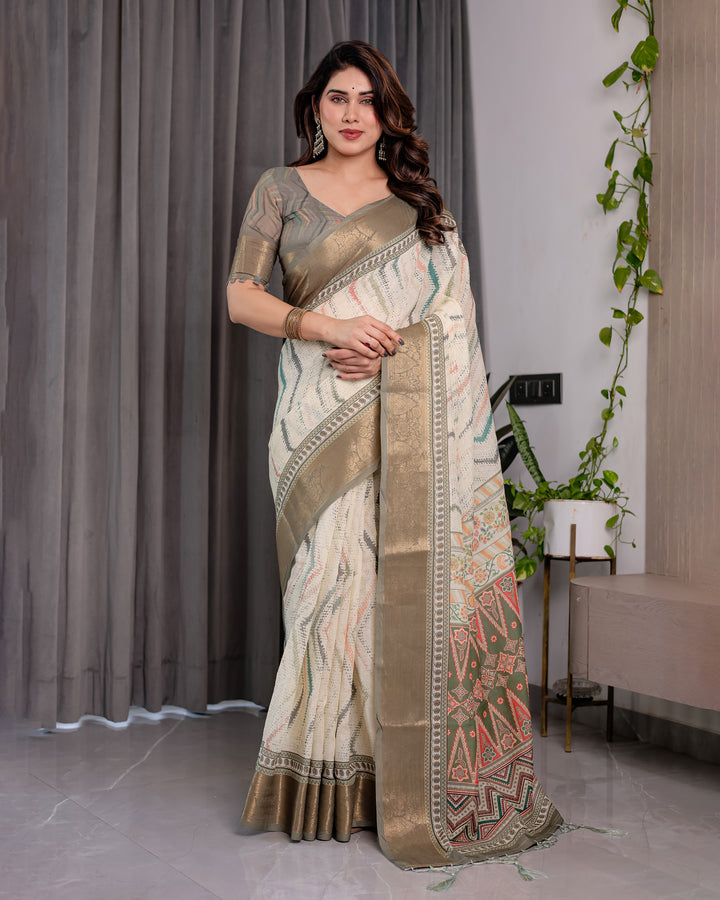 Elegant Cream & Gold Woven Ikat Silk Saree with Designer Border With Tassles