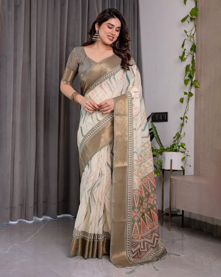 Elegant Cream & Gold Woven Ikat Silk Saree with Designer Border With Tassles