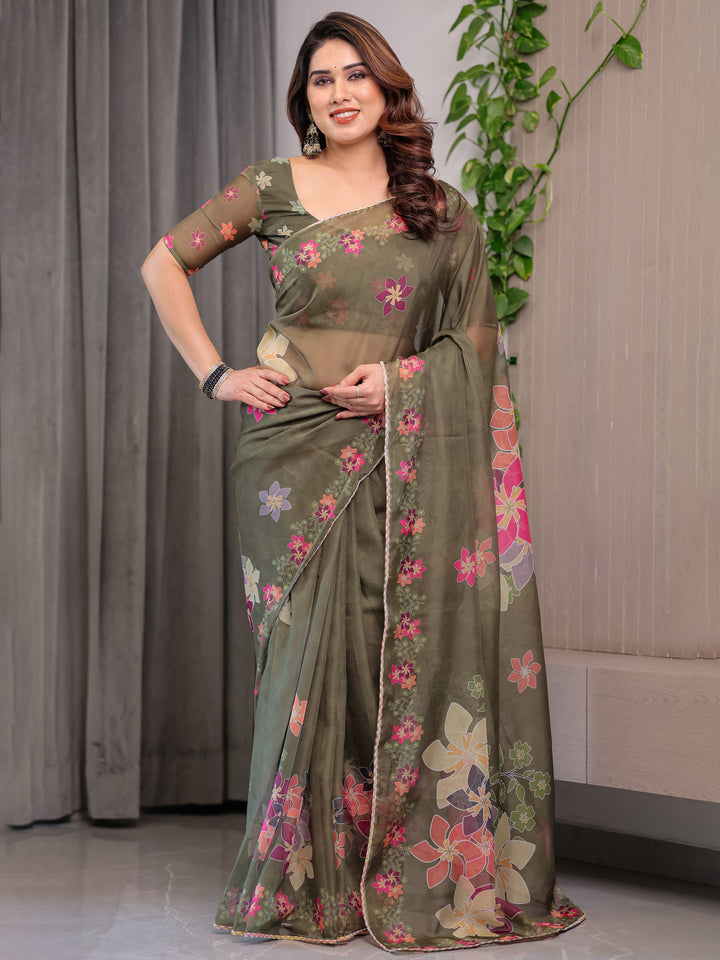 Olive Green Floral Printed Organza Saree with Multicolour Flower Motifs & Lace Border | Designer Lightweight Organza Saree with Attached Blouse Piece | Elegant Festive & Party Wear Saree
