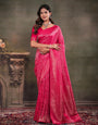 Rani Pink Satin Silk Saree with All-Over Floral Jacquard Weaving, Rich Zari Border, Grand Designer Pallu & Tassel Edges
