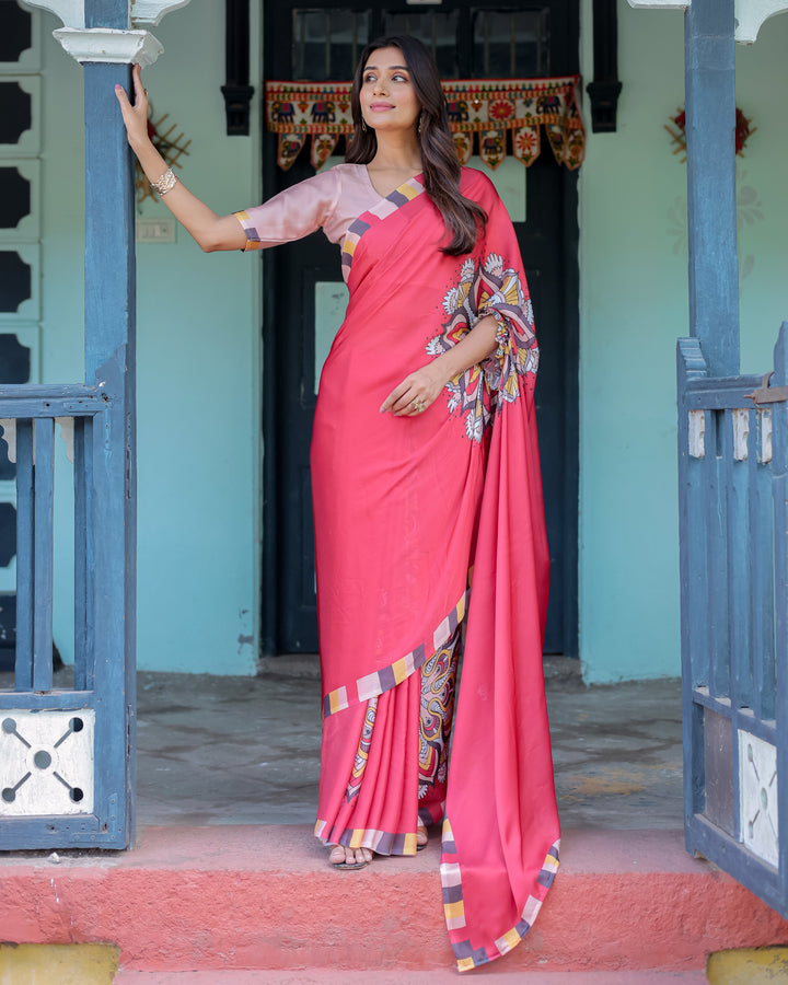 Coral Red Designer Freehand Saree with Mandala Pallu & Multicolor Border | Satin Georgette | Hole-in-the-Pallu Feature