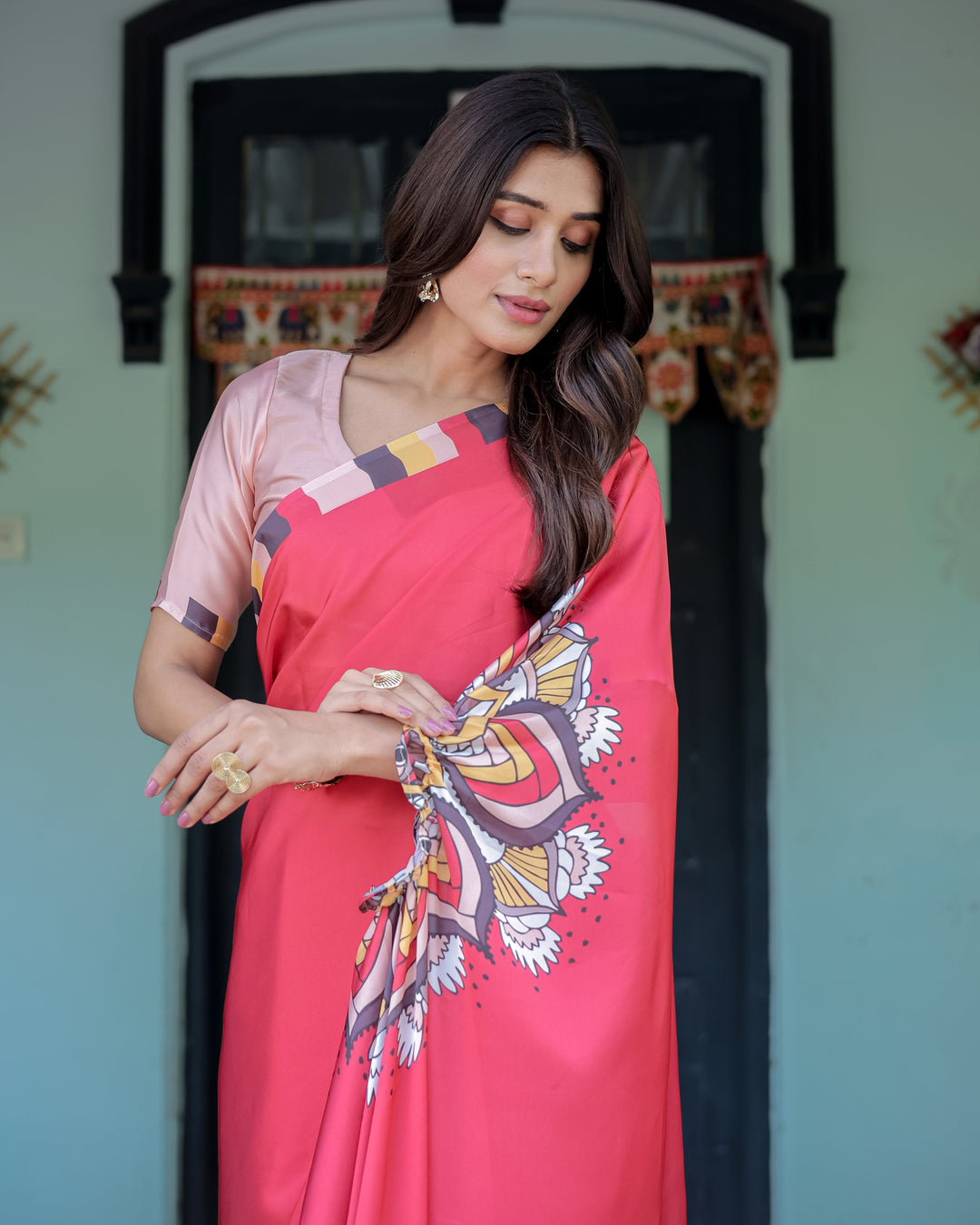 Coral Red Designer Freehand Saree with Mandala Pallu & Multicolor Border | Satin Georgette | Hole-in-the-Pallu Feature