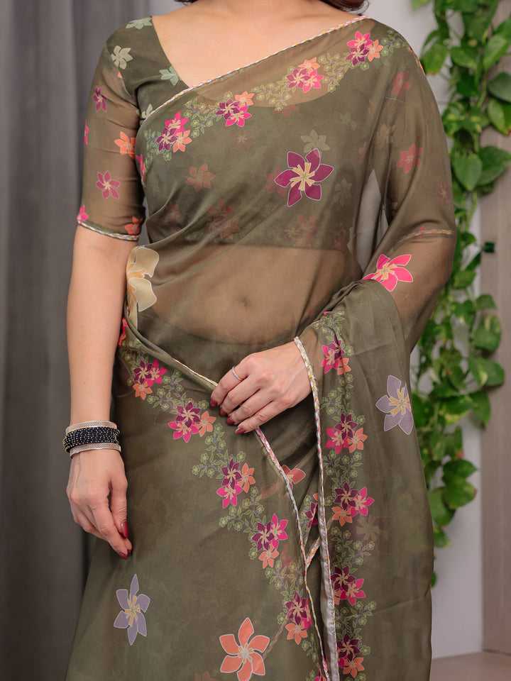 Olive Green Floral Printed Organza Saree with Multicolour Flower Motifs & Lace Border | Designer Lightweight Organza Saree with Attached Blouse Piece | Elegant Festive & Party Wear Saree