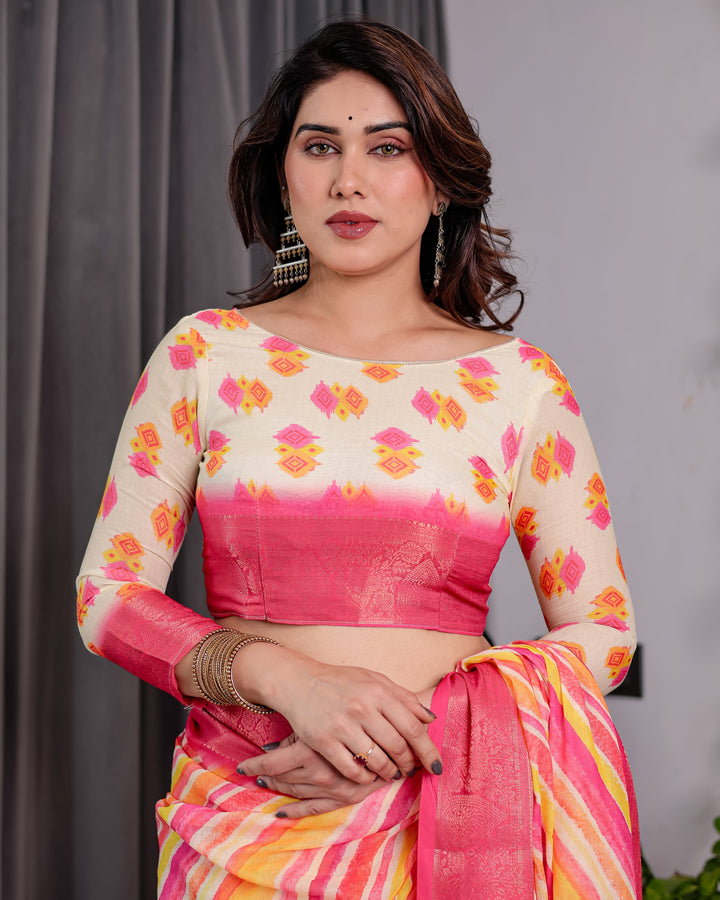 Multicolor Striped Handloom Linen Saree with Pink Geometric Pallu & Zari Border | 5.5m Saree + 0.8m Attached Blouse with Tassels