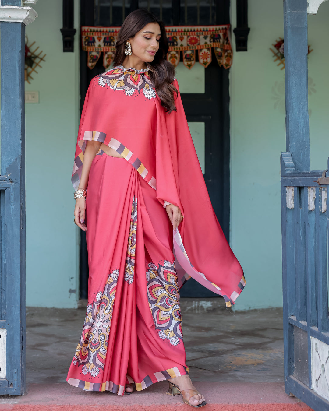 Coral Red Designer Freehand Saree with Mandala Pallu & Multicolor Border | Satin Georgette | Hole-in-the-Pallu Feature