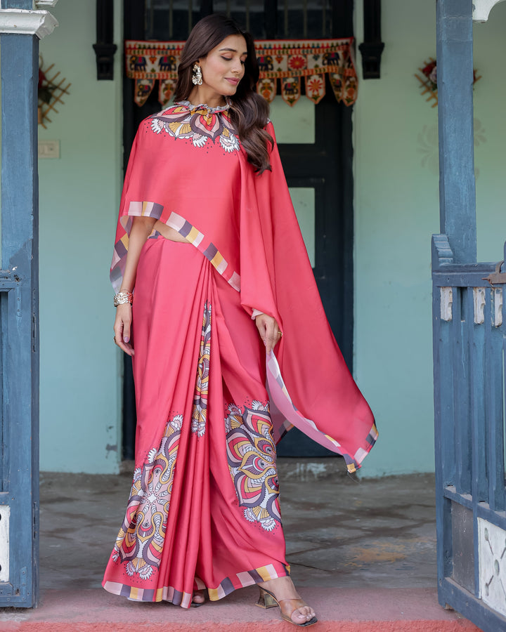 Coral Red Designer Freehand Saree with Mandala Pallu & Multicolor Border | Satin Georgette | Hole-in-the-Pallu Feature