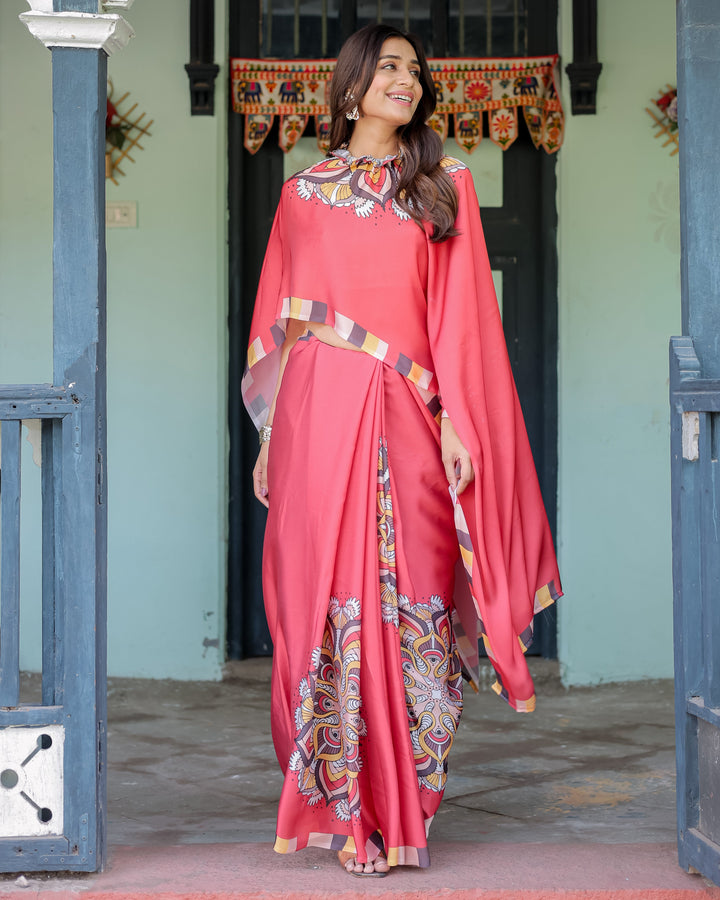 Coral Red Designer Freehand Saree with Mandala Pallu & Multicolor Border | Satin Georgette | Hole-in-the-Pallu Feature