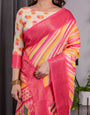 Multicolor Striped Handloom Linen Saree with Pink Geometric Pallu & Zari Border | 5.5m Saree + 0.8m Attached Blouse with Tassels