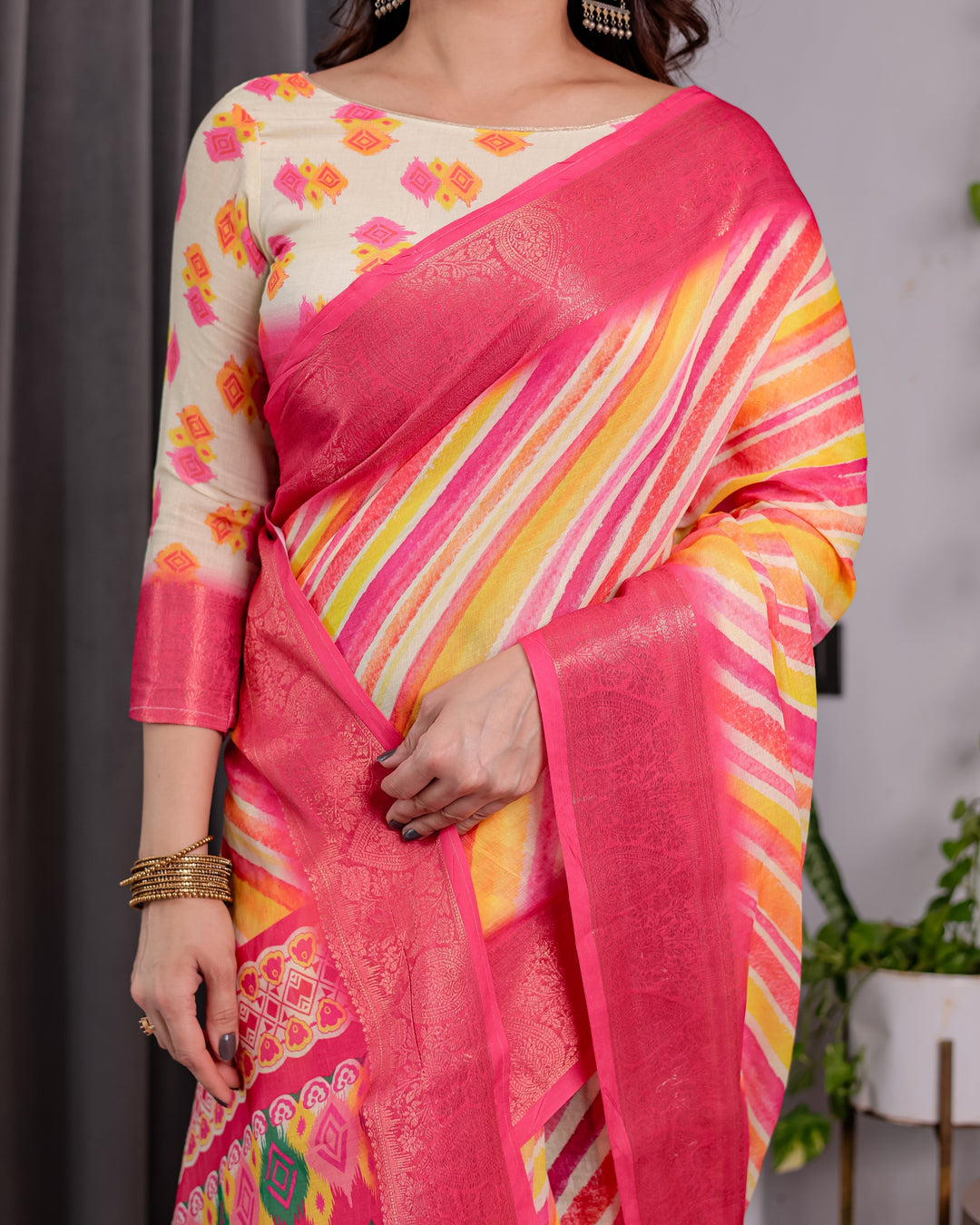 Multicolor Striped Handloom Linen Saree with Pink Geometric Pallu & Zari Border | 5.5m Saree + 0.8m Attached Blouse with Tassels