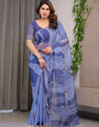 Elegant Steel Blue Printed Organza Saree with Abstract Wave Motifs & Multicolour Lace Border | Designer Lightweight Organza Saree with Attached Blouse Piece | Contemporary Festive Wear Saree
