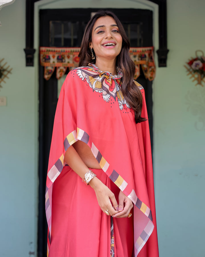 Coral Red Designer Freehand Saree with Mandala Pallu & Multicolor Border | Satin Georgette | Hole-in-the-Pallu Feature