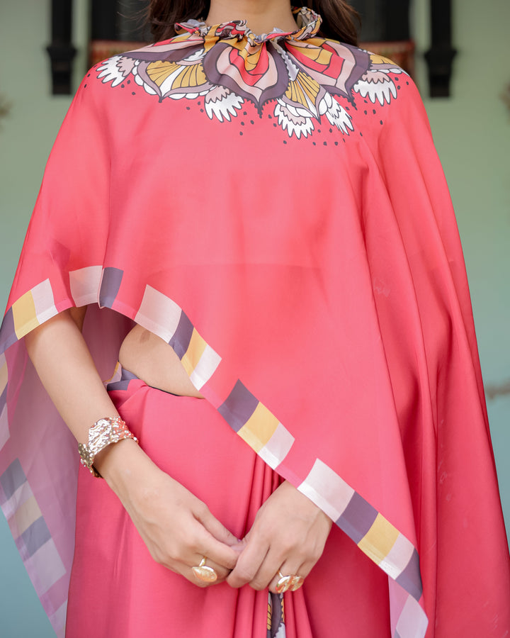 Coral Red Designer Freehand Saree with Mandala Pallu & Multicolor Border | Satin Georgette | Hole-in-the-Pallu Feature