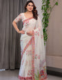 Ivory White Designer Organza Saree with Royal Elephant & Camel Motifs | Floral Printed Lightweight Organza Saree with Attached Blouse | Festive & Ethnic Wear Saree