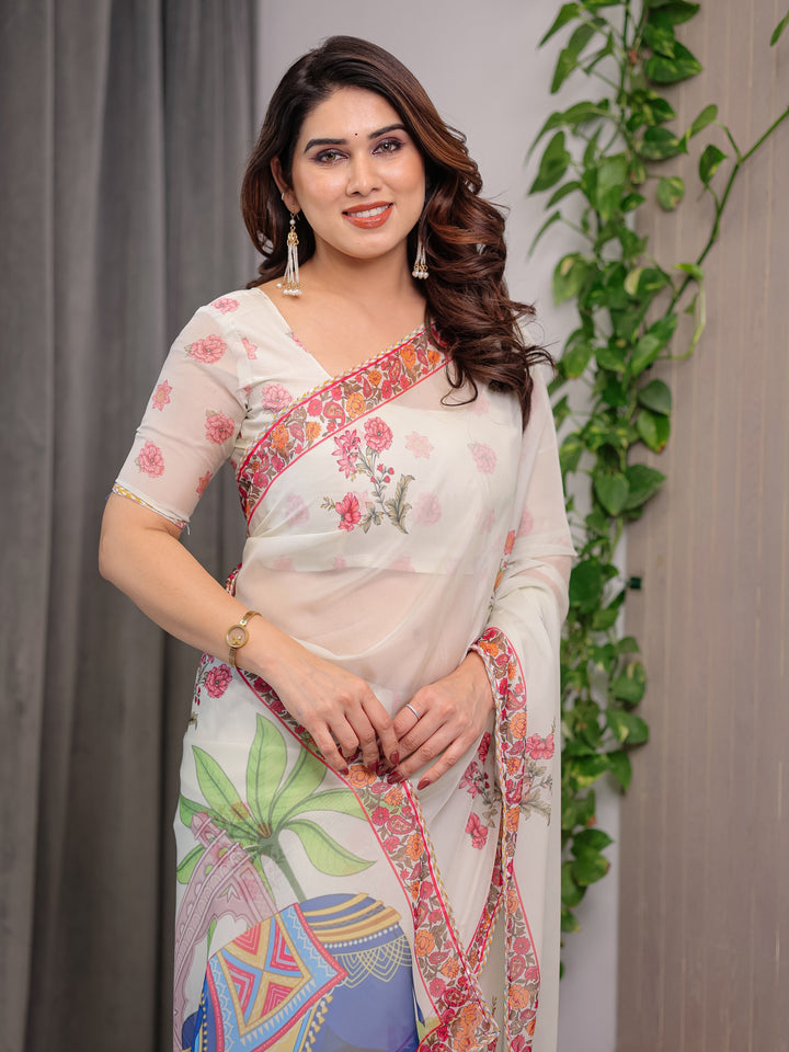 Ivory White Designer Organza Saree with Royal Elephant & Camel Motifs | Floral Printed Lightweight Organza Saree with Attached Blouse | Festive & Ethnic Wear Saree