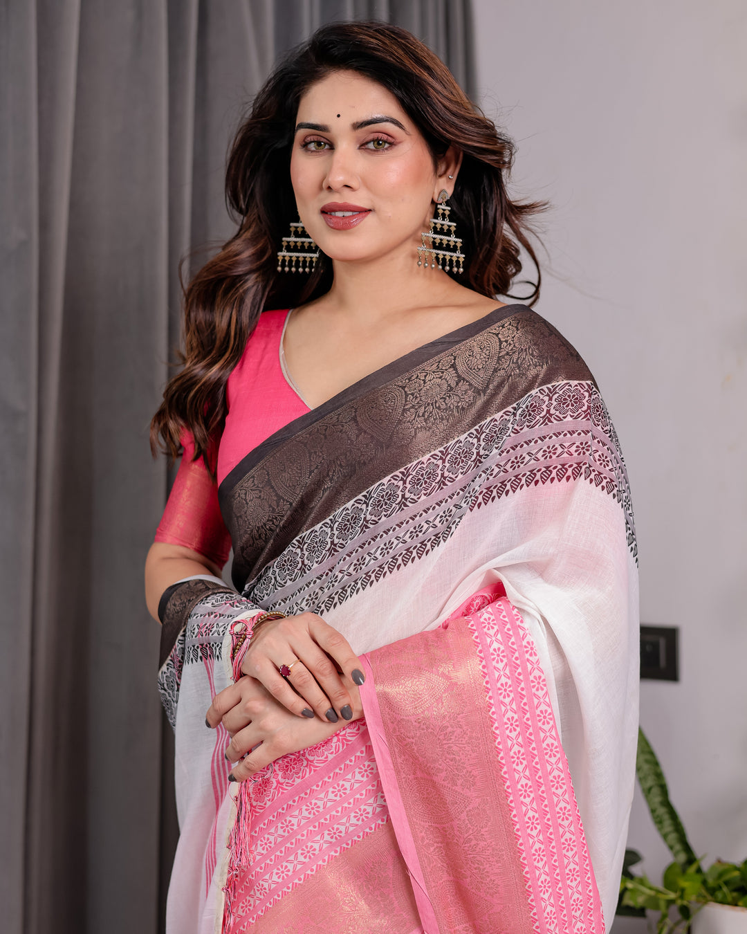 White & Charcoal Handloom Linen Saree with Pink Striped Pallu & Zari Woven Borders | 5.5m Saree + 0.8m Blouse | Elegant Tassel Finish