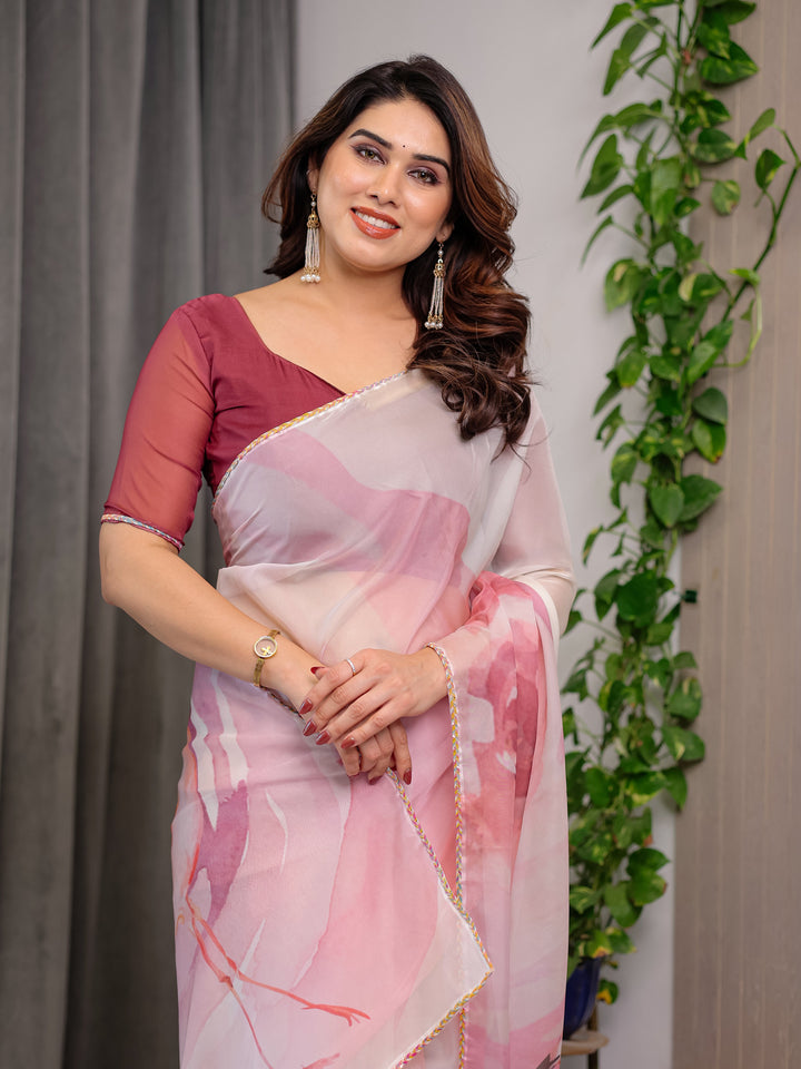Blush Pink Designer Organza Saree with Artistic Flamingo Print & Multicolour Lace Border | Premium Lightweight Organza Saree with Attached Blouse Piece | Elegant Party & Festive Wear Saree