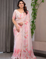 Pastel Peach Printed Organza Saree with Paisley Motifs & Multicolour Lace Border | Designer Lightweight Organza Saree with Attached Blouse Piece | Elegant Festive & Party Wear Saree