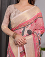 Ivory Pink Handloom Linen Saree with Artistic Flamingo & Floral Pallu | Zari Woven Border | 5.5m Saree + 0.8m Blouse | Elegant Tassel Detail