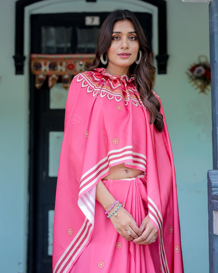 Bright Pink Designer Saree with White Striped Border & Mandala Art | Satin Georgette | Handsfree Pallu | Matching Blouse