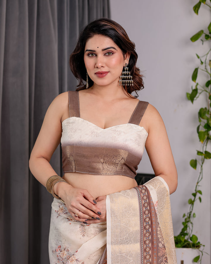 Ivory Beige Handloom Linen Saree with Rustic Floral Print & Brown Ornamental Pallu | Zari Borders & Tassels | 5.5m Saree + 0.8m Blouse