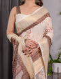 Ivory Beige Handloom Linen Saree with Rustic Floral Print & Brown Ornamental Pallu | Zari Borders & Tassels | 5.5m Saree + 0.8m Blouse