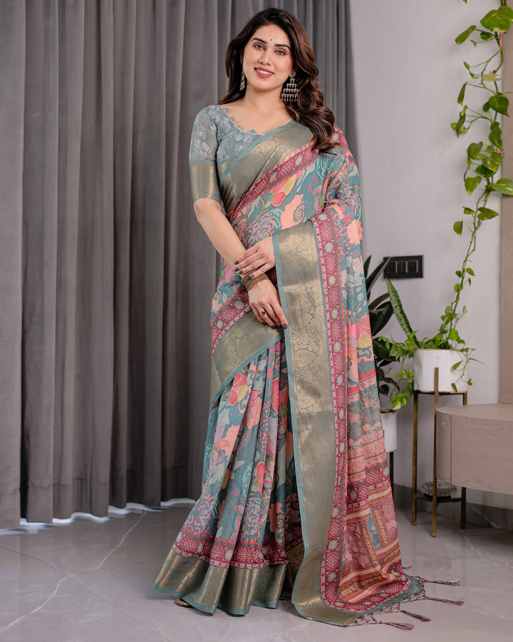 Sage Green Handloom Linen Saree with Multicolor Mythical Elephant & Floral Printed Pallu | Zari Border | 5.5m Saree + 0.8m Blouse | Festive Tassel Finish