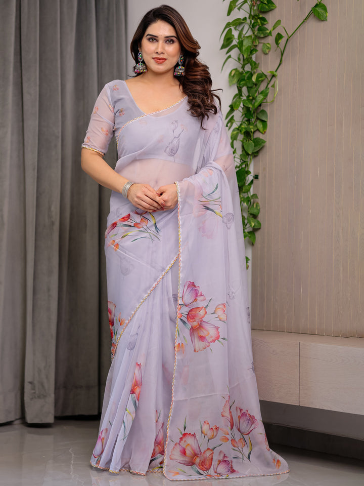 Lavender Grey Floral Printed Organza Saree with Tulip Motifs | Designer Lightweight Sheer Organza Saree with Attached Blouse Piece | Elegant Festive & Party Wear Saree