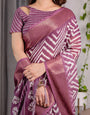 Plum Purple Handloom Linen Saree with Zigzag & Floral Motifs | Zari Border & Tassels | 5.5m Saree + 0.8m Blouse Piece