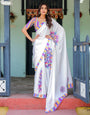 White Satin Georgette Designer Saree with Lotus Mandala Prints & Multicolor Striped Blouse | Handsfree Pallu Loop