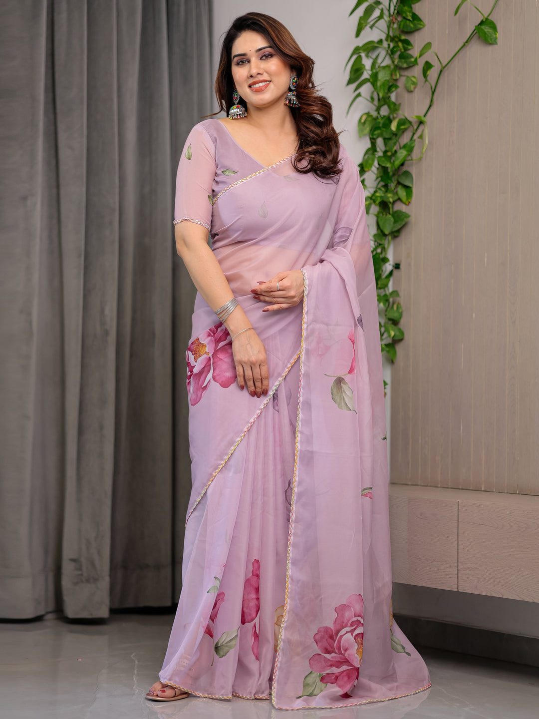 Dusty Rose Pink Floral Printed Organza Saree with Watercolour Rose Motifs | Designer Lightweight Sheer Organza Saree with Attached Blouse | Elegant Festive & Party Wear Saree