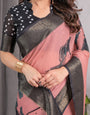 Blush Pink Handloom Linen Saree with Artistic Bearded Face Pallu Print & Black Zari Border | Attached Blouse | 5.5m Saree + 0.8m Blouse