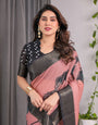 Blush Pink Handloom Linen Saree with Artistic Bearded Face Pallu Print & Black Zari Border | Attached Blouse | 5.5m Saree + 0.8m Blouse