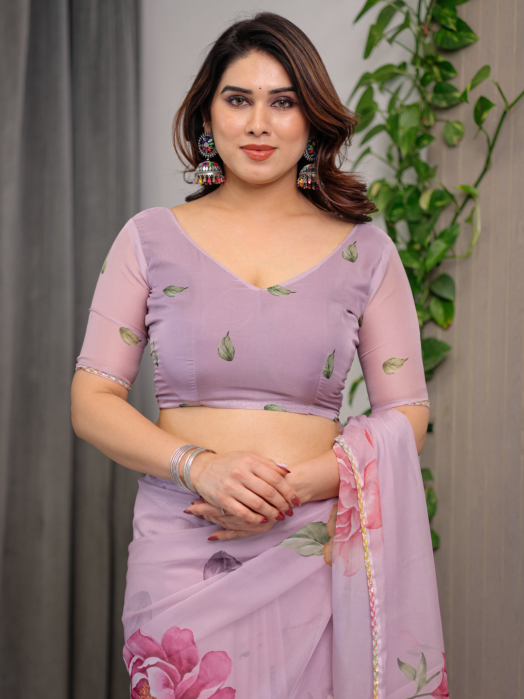 Dusty Rose Pink Floral Printed Organza Saree with Watercolour Rose Motifs | Designer Lightweight Sheer Organza Saree with Attached Blouse | Elegant Festive & Party Wear Saree