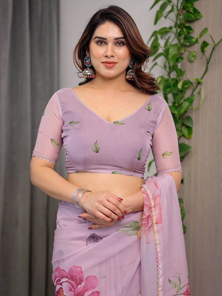 Dusty Rose Pink Floral Printed Organza Saree with Watercolour Rose Motifs | Designer Lightweight Sheer Organza Saree with Attached Blouse | Elegant Festive & Party Wear Saree