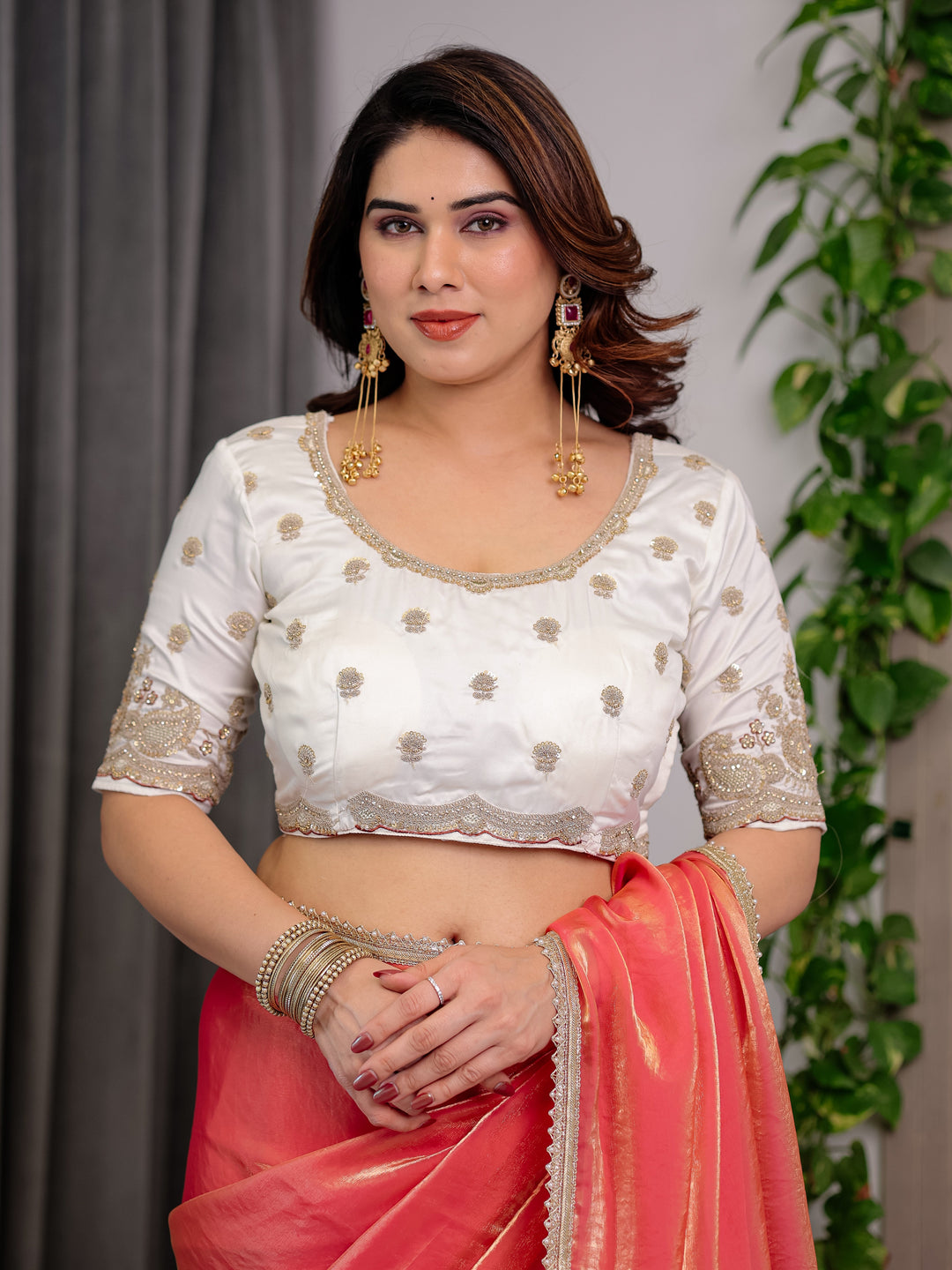 Coral Peach Fendy Satin Saree with Pearl Lace Border & Tassels | Premium Shimmer Satin Saree with Heavy Embroidered Designer Blouse | Zari Floral Embroidery Blouse Saree for Wedding & Festive Wear