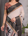 Ivory Handloom Linen Saree with Elephant Parade Print, Tree Motifs & Antique Zari Border | Tassel Finish | Attached Blouse | 5.5m Saree + 0.8m Blouse