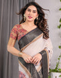 Ivory Handloom Linen Saree with Elephant Parade Print, Tree Motifs & Antique Zari Border | Tassel Finish | Attached Blouse | 5.5m Saree + 0.8m Blouse