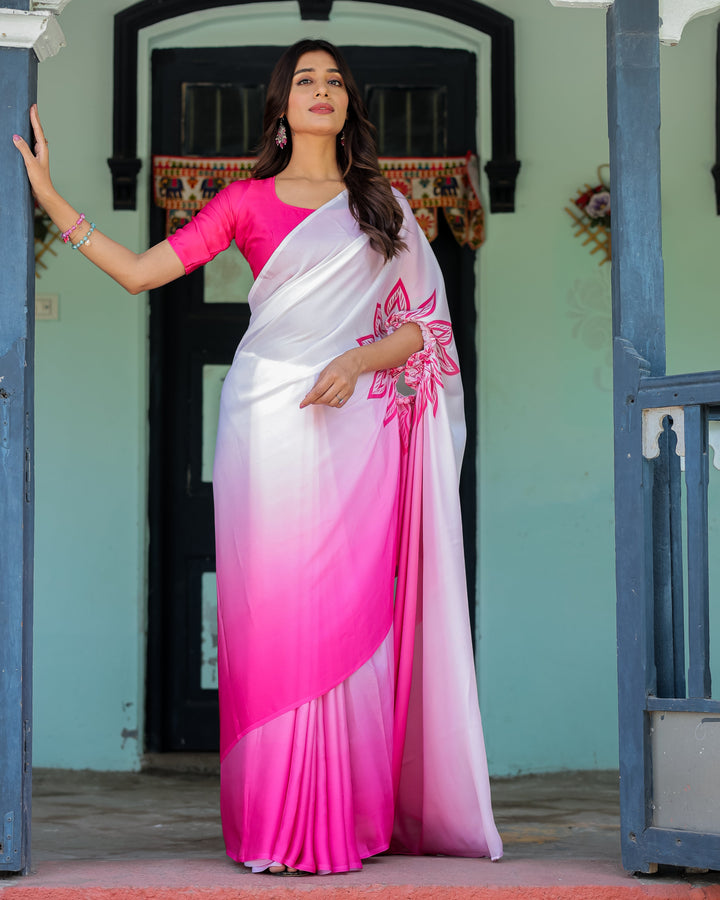 White & Pink Ombré Satin Georgette Saree with Bold Leaf Mandala Pallu & Hot Pink Blouse | Handsfree Pallu Loop