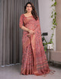 Rust Maroon Handloom Linen Saree with All-Over Floral Print & Ornate Traditional Pallu | Gold Zari Border & Tassel Finish | Attached Blouse | 5.5m Saree + 0.8m Blouse