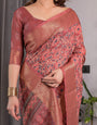Rust Maroon Handloom Linen Saree with All-Over Floral Print & Ornate Traditional Pallu | Gold Zari Border & Tassel Finish | Attached Blouse | 5.5m Saree + 0.8m Blouse