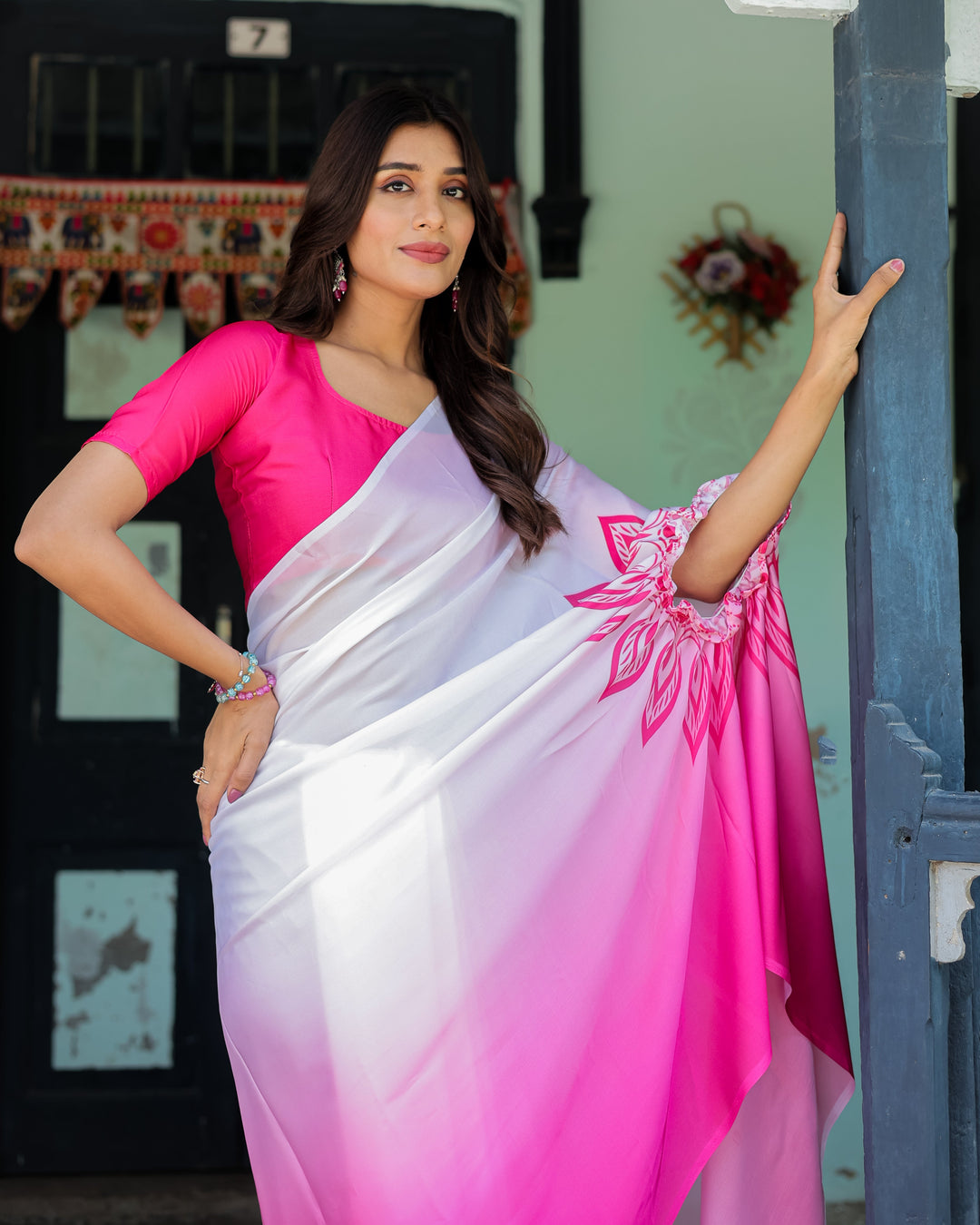 White & Pink Ombré Satin Georgette Saree with Bold Leaf Mandala Pallu & Hot Pink Blouse | Handsfree Pallu Loop