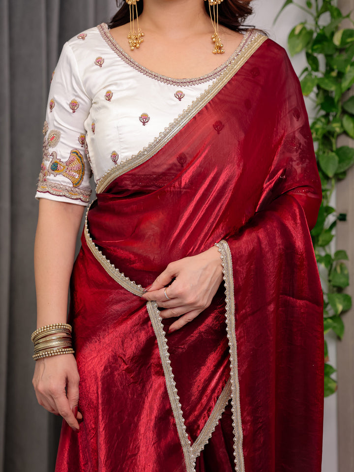 Wine Red Fendy Satin Saree with Pearl Lace Border & Tassel Pallu | Premium Shimmer Satin Saree with Heavy Embroidered Designer Peacock Blouse | Zari Floral Embroidery Blouse Saree for Wedding & Festive Wear