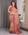 Multicolor Paisley Print Handloom Linen Saree with Traditional Rust Red Pallu & Gold Zari Border | Tassel Edging | Attached Blouse | 5.5m Saree + 0.8m Blouse