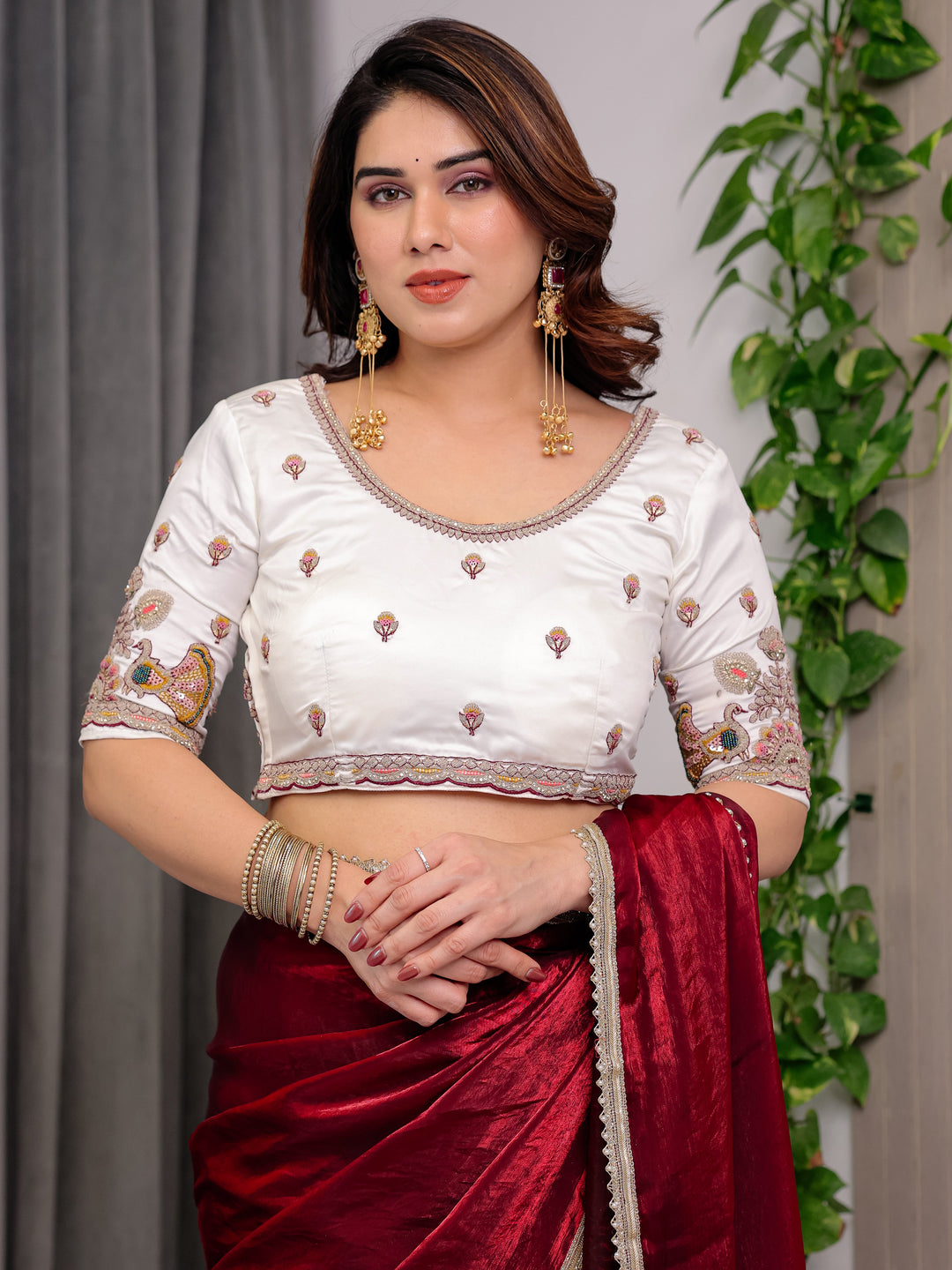 Wine Red Fendy Satin Saree with Pearl Lace Border & Tassel Pallu | Premium Shimmer Satin Saree with Heavy Embroidered Designer Peacock Blouse | Zari Floral Embroidery Blouse Saree for Wedding & Festive Wear