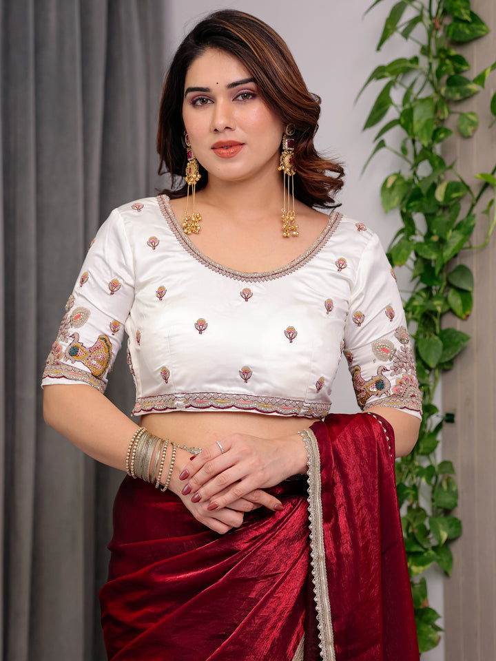Wine Red Fendy Satin Saree with Pearl Lace Border & Tassel Pallu | Premium Shimmer Satin Saree with Heavy Embroidered Designer Peacock Blouse | Zari Floral Embroidery Blouse Saree for Wedding & Festive Wear