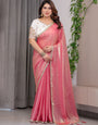 Blush Pink Fendy Satin Saree with Pearl Lace Border & Tassel Pallu | Designer Shimmer Satin Saree with Heavy Embroidered Floral Blouse | Zari Threadwork Designer Blouse Festive Saree