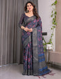 Navy Blue Handloom Linen Saree with Red Floral Print & Geometric Patterned Pallu | Antique Zari Border & Tassels | Attached Blouse | 5.5m Saree + 0.8m Blouse