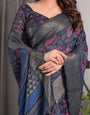 Navy Blue Handloom Linen Saree with Red Floral Print & Geometric Patterned Pallu | Antique Zari Border & Tassels | Attached Blouse | 5.5m Saree + 0.8m Blouse